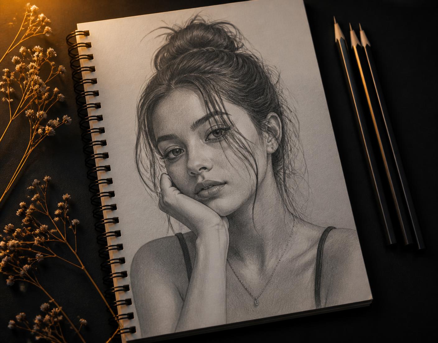 Graphite portrait sketch in an open sketchbook beside pencils and dried flowers